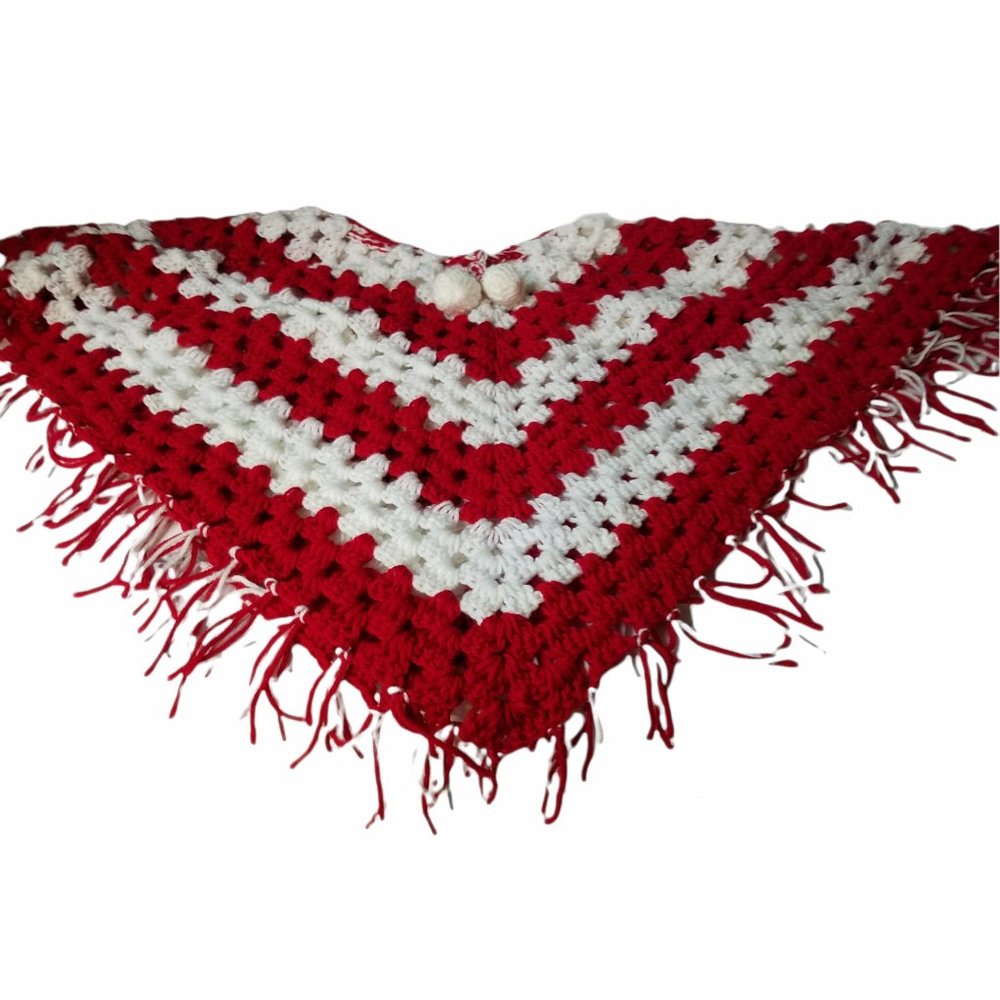 Vintage Fringed Red and White Crocheted Knitted Poncho Sweater